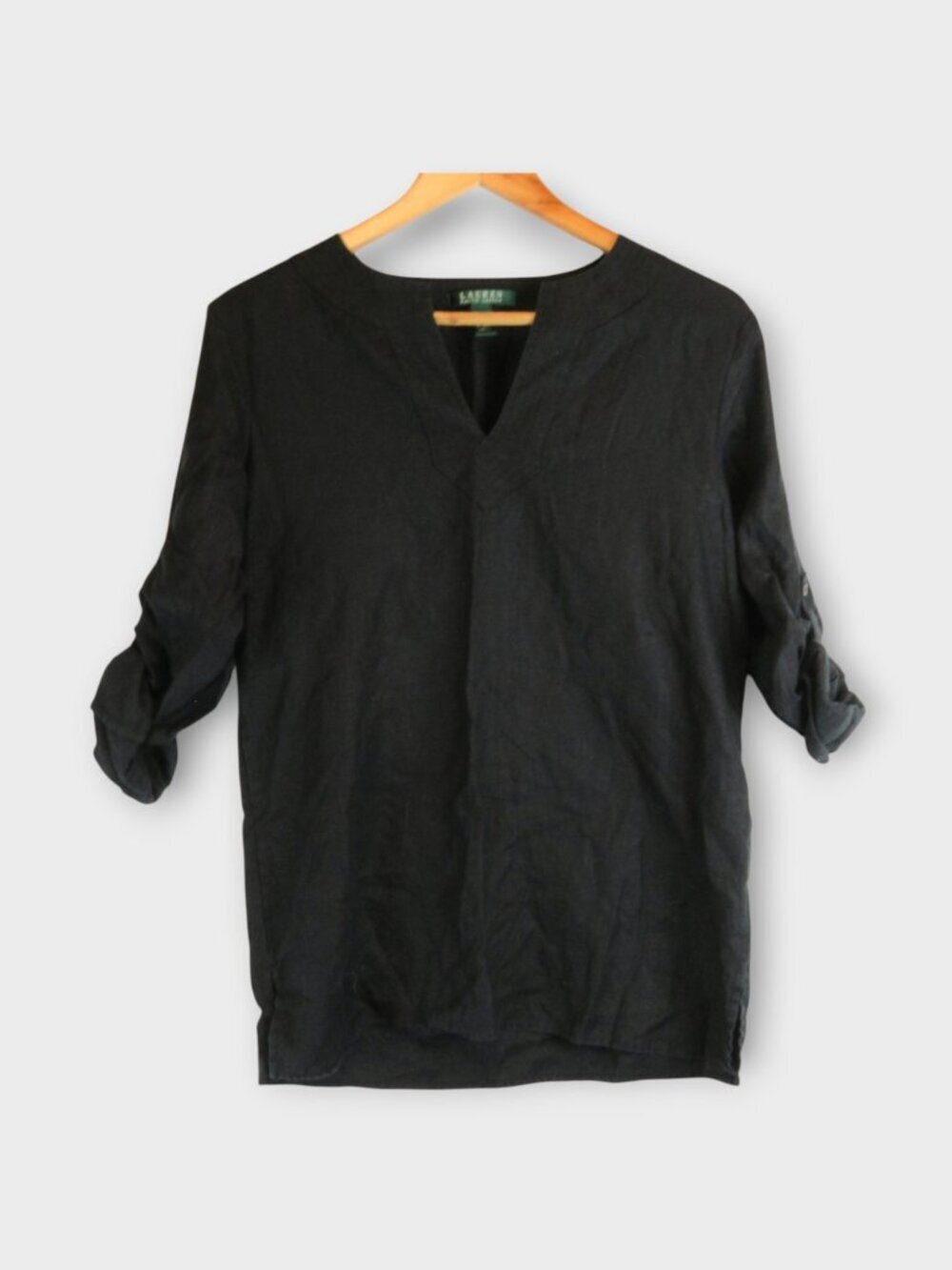 Lauren Ralph Lauren Linen Tunic Size L Black Split V Neck